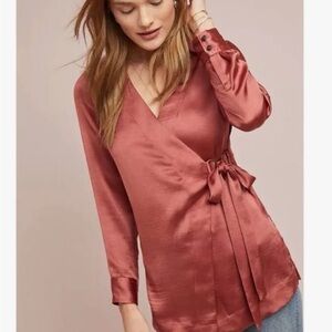 Moulinette Soeurs Pink Wrap Blouse 3/4 Sleeve Tie Front